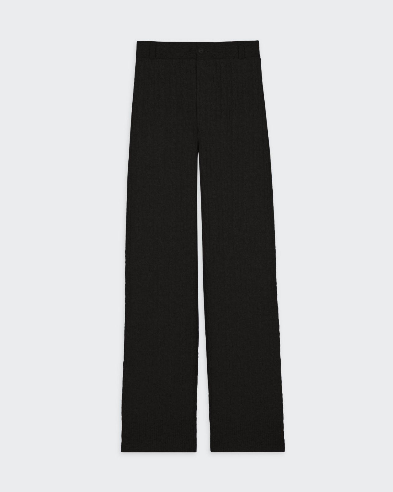 Cable Trouser - Black women's lightweight cashmere knit pants with front zip, elastic waistband, belt loops, and side pockets.