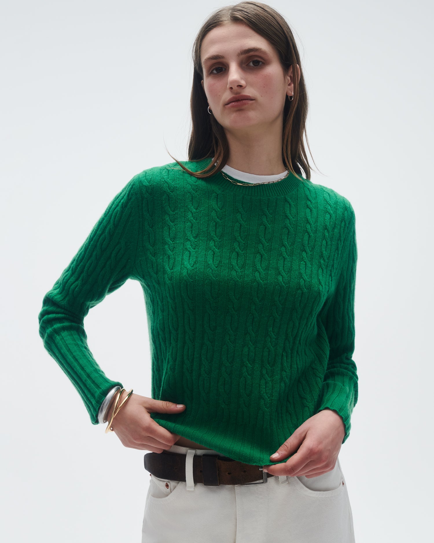 Womens | Cable Shrunken Crew | Rainforest