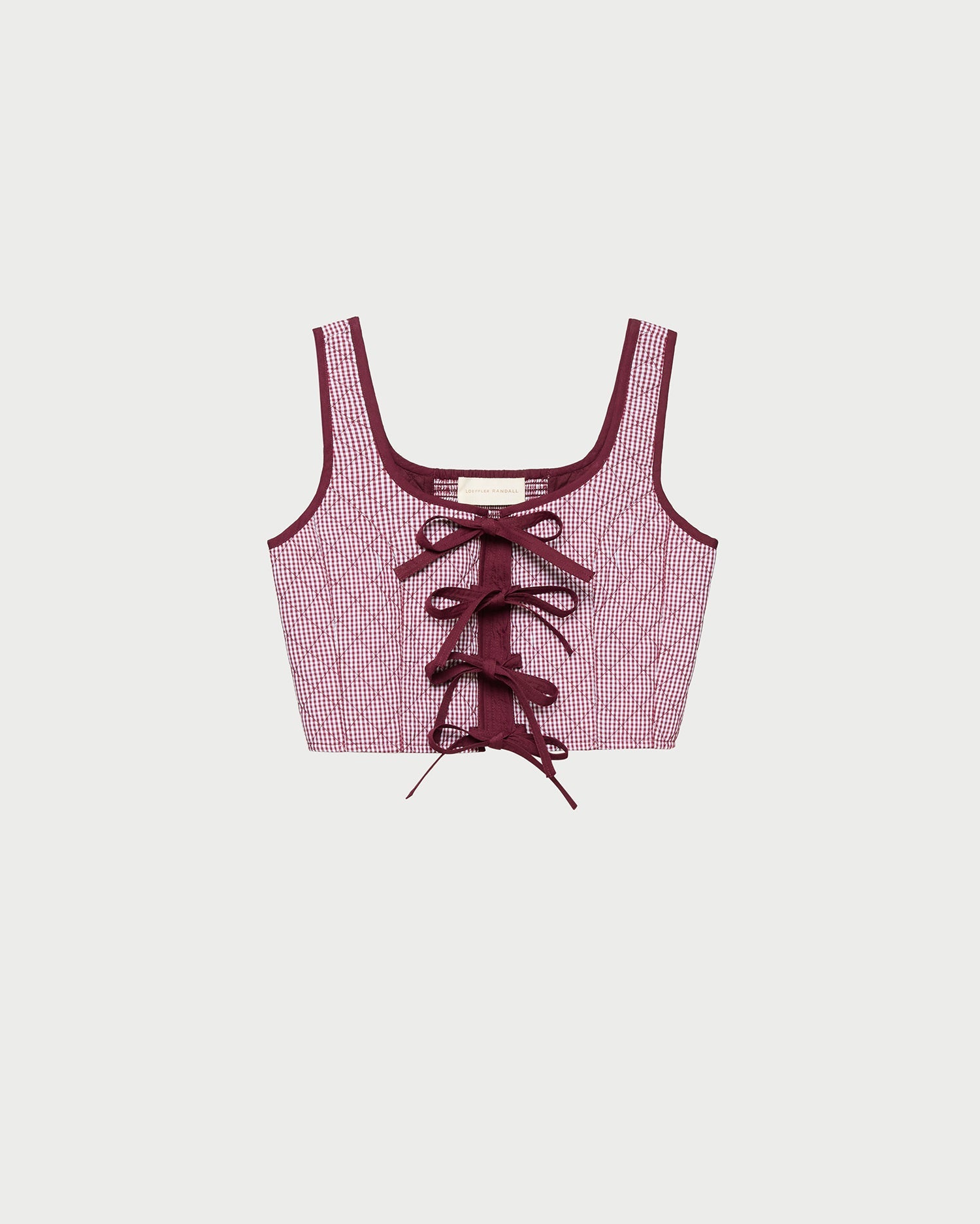 Callista Tie-Front Vest in quilted cotton maroon gingham.