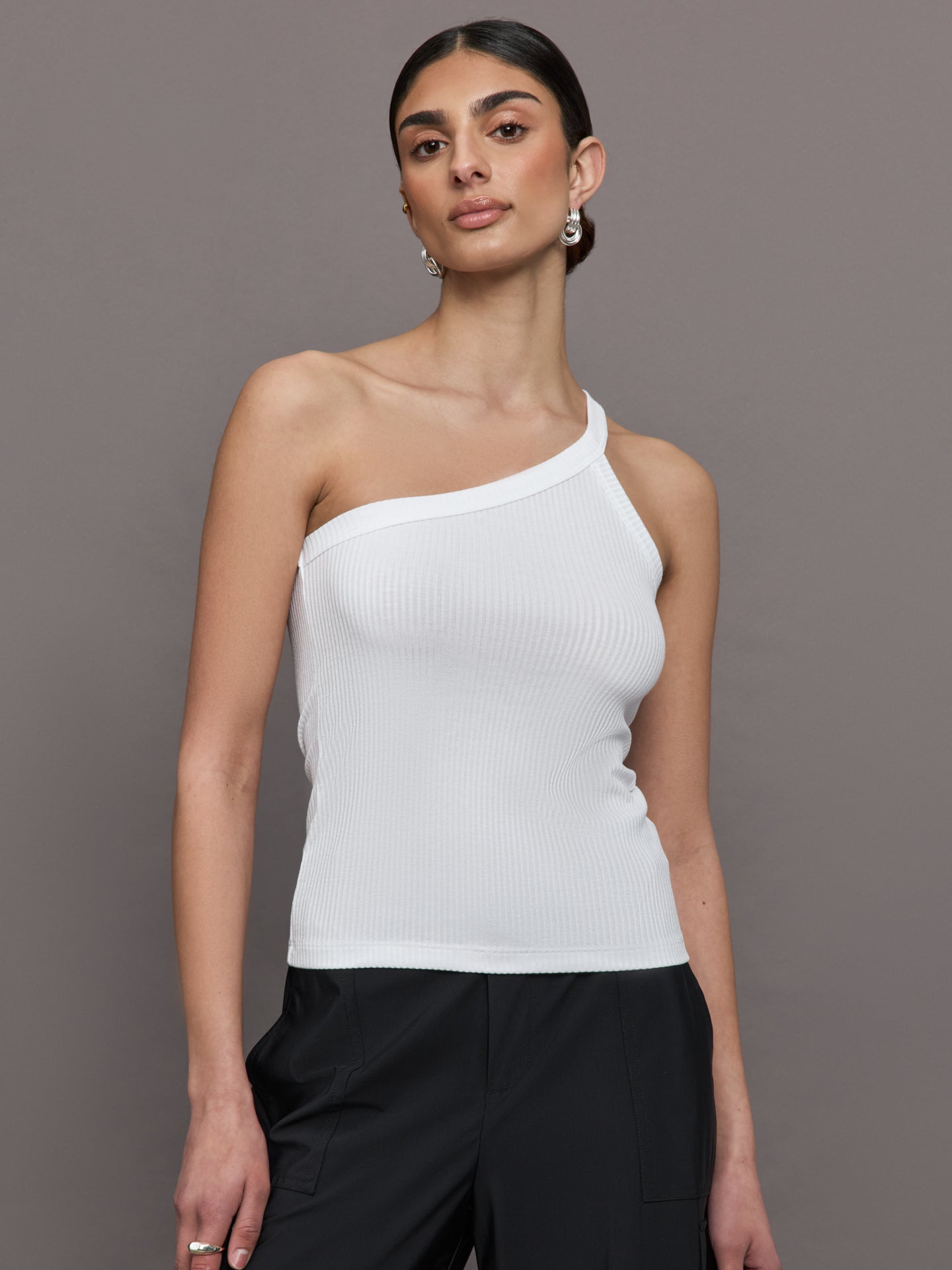 One Shoulder Tank in Ribbed Jersey | White