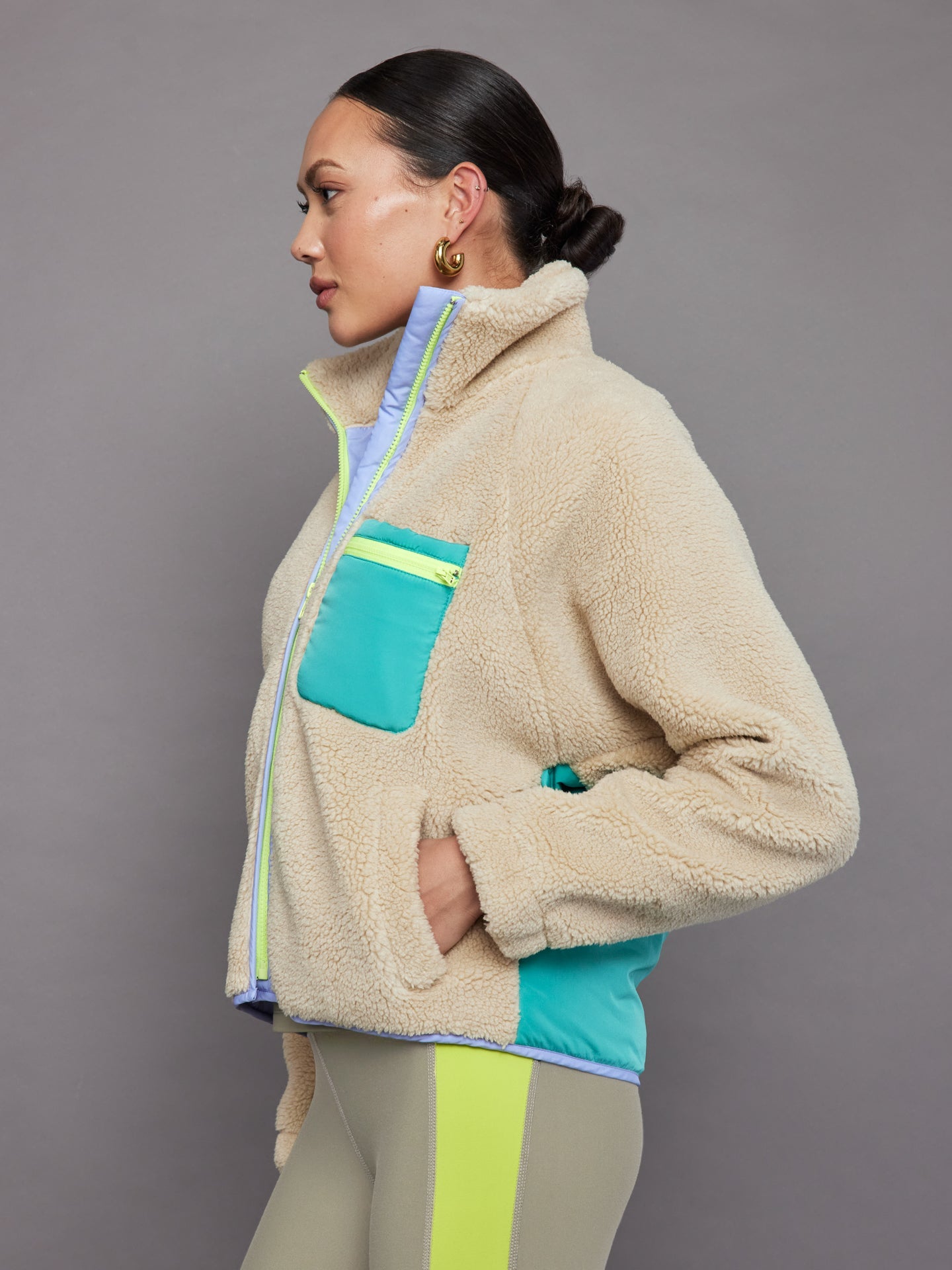 Contrast Sherpa Jacket | Brown Rice/ Wasabi