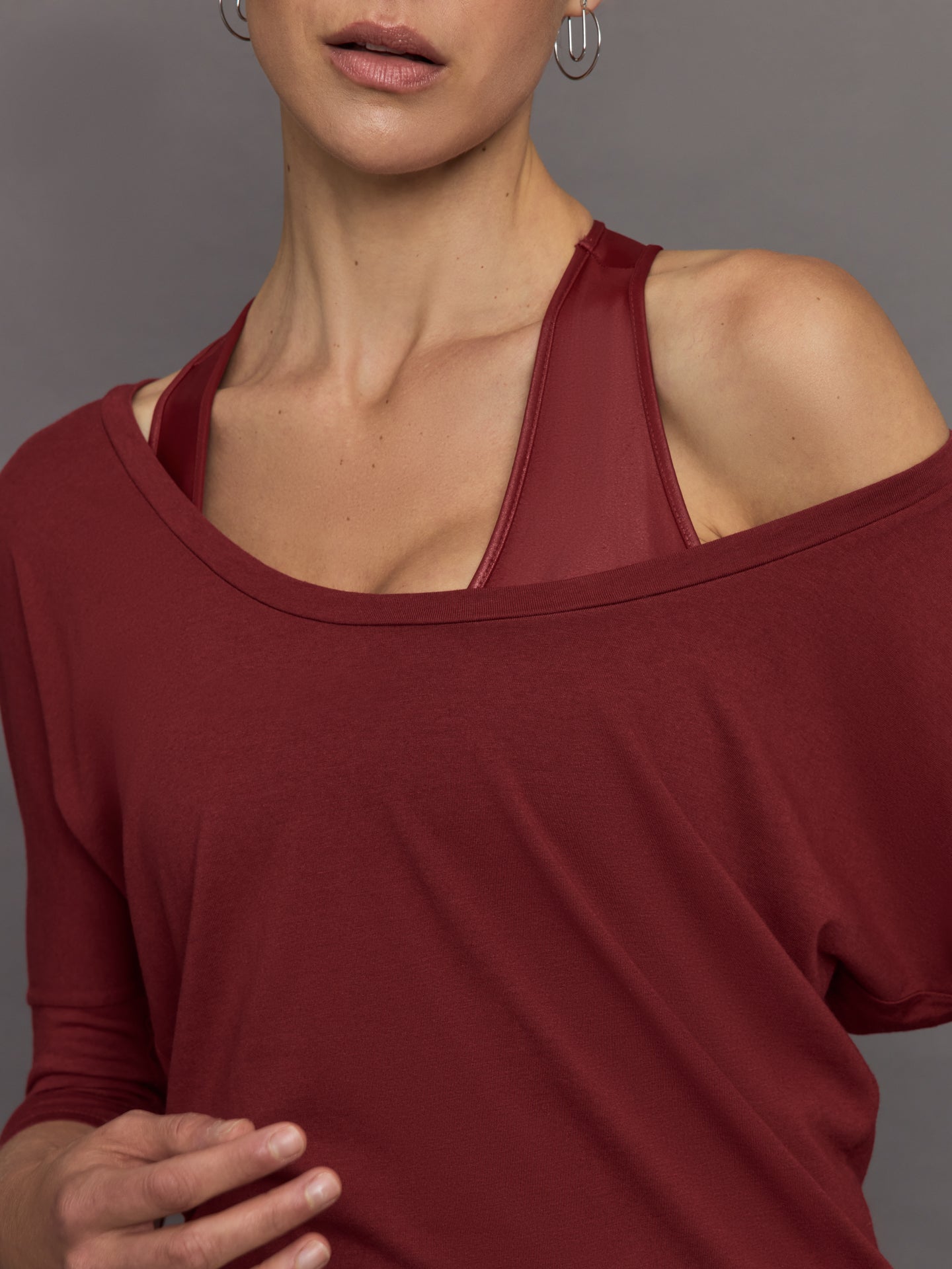 Carbon38 | Long Sleeve Off Shoulder Tee | Red Dahlia