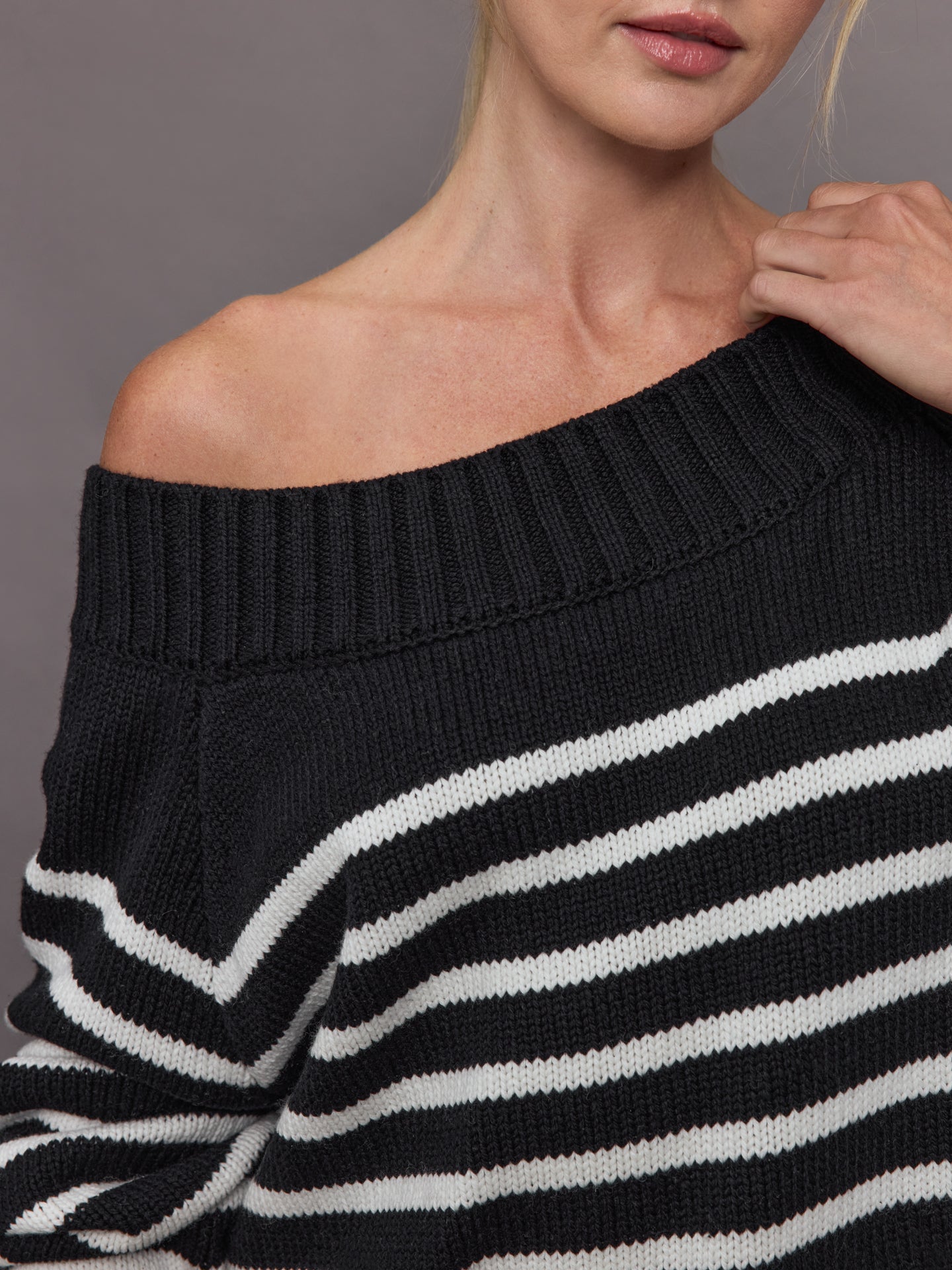 Slouchy Off Shoulder Sweater | Black / White Stripe
