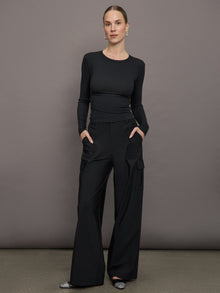 Long Sleeve Ruched Top in Ribbed Jersey | Black