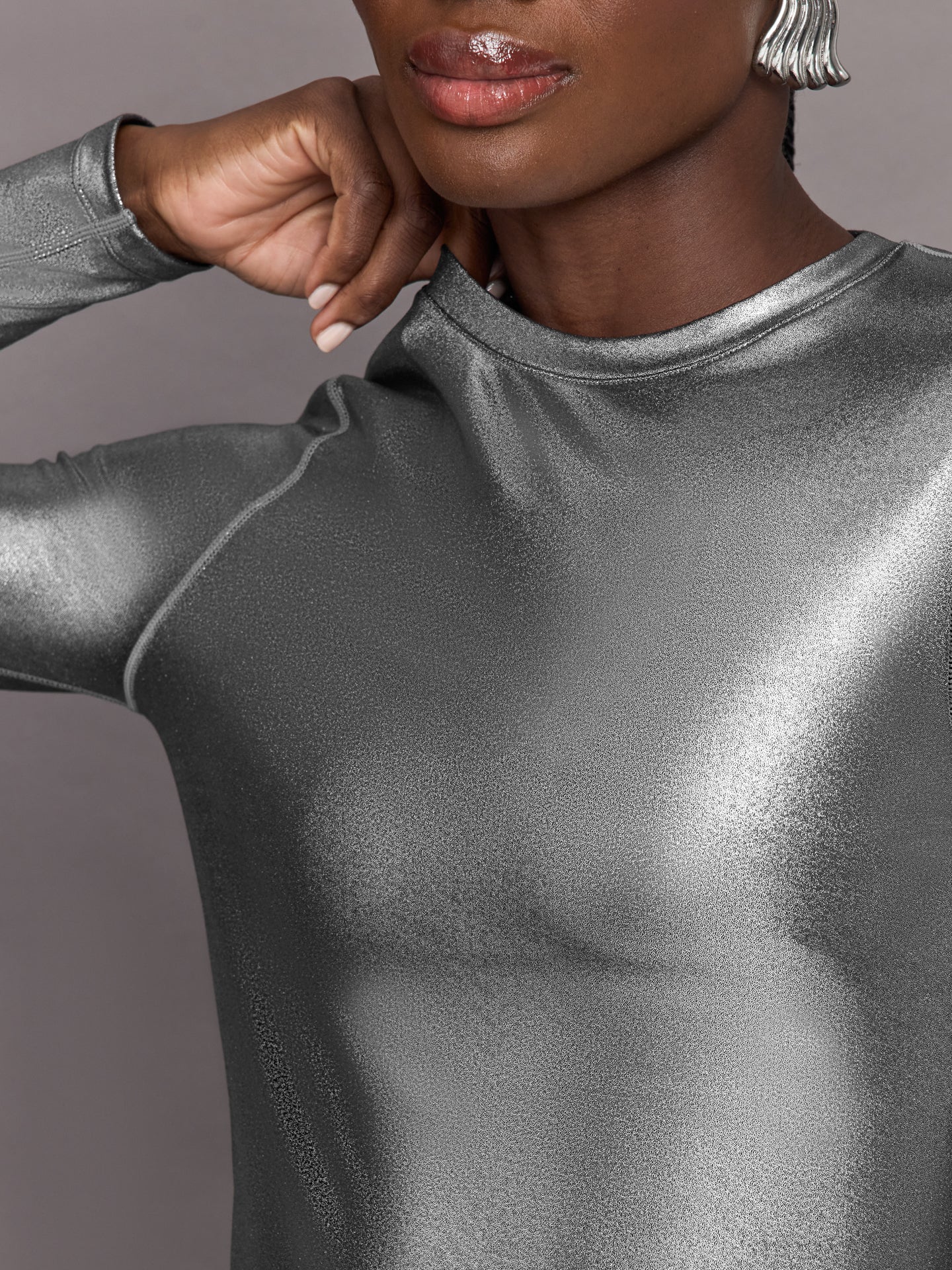 Liquid Metallic Long Sleeve Top | Metallic Silver