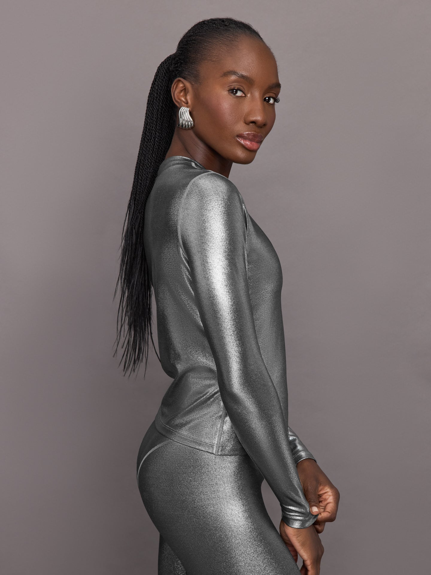 Liquid Metallic Long Sleeve Top | Metallic Silver
