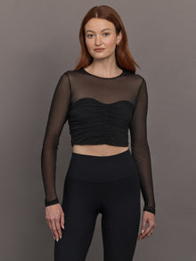 Ruched Mesh Long Sleeve Top in Melt | Black