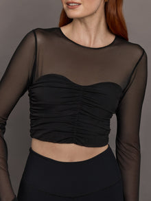 Ruched Mesh Long Sleeve Top in Melt | Black