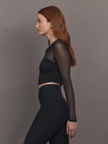 Ruched Mesh Long Sleeve Top in Melt | Black