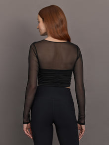 Ruched Mesh Long Sleeve Top in Melt | Black