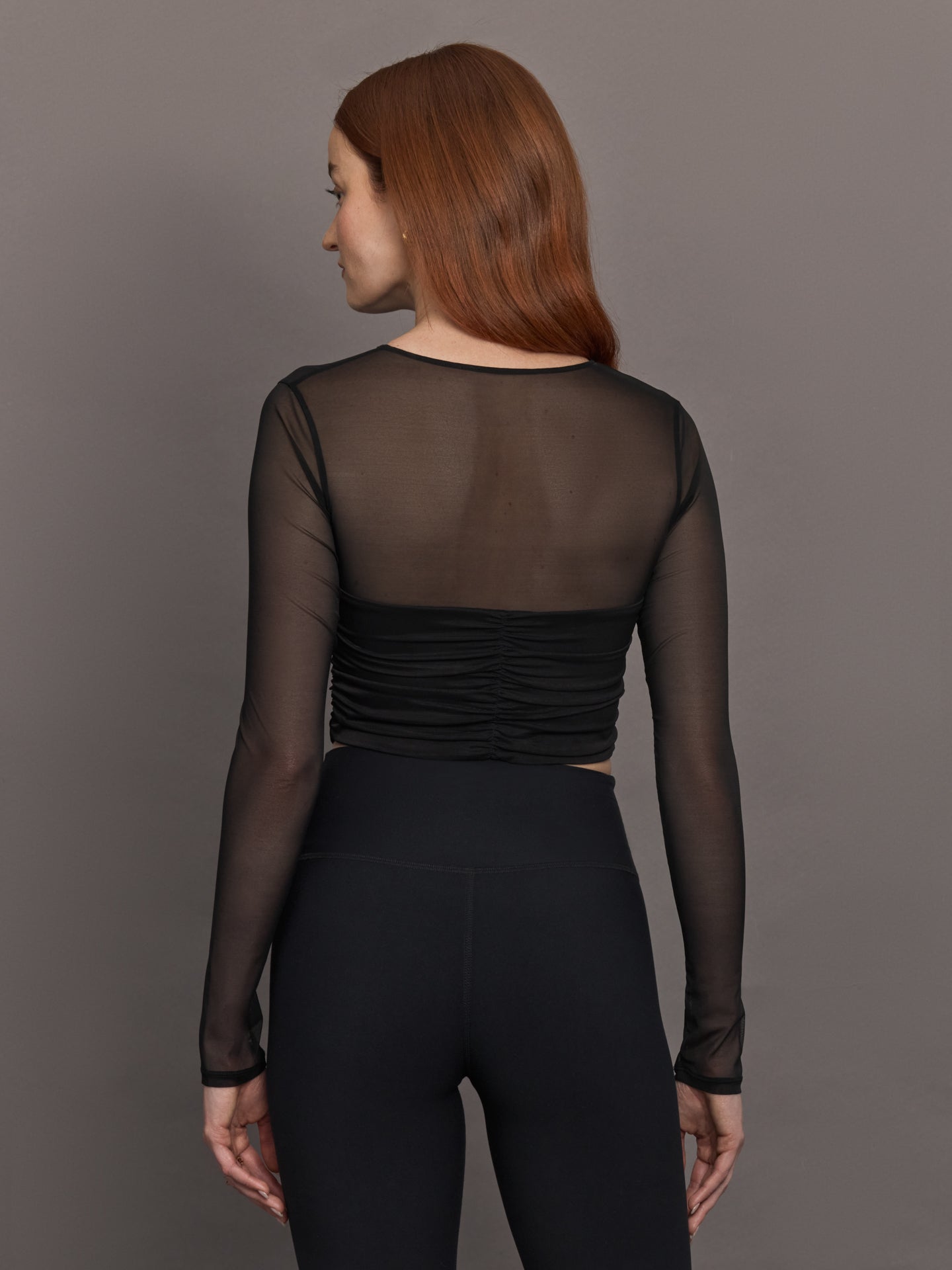 Ruched Mesh Long Sleeve Top in Melt | Black