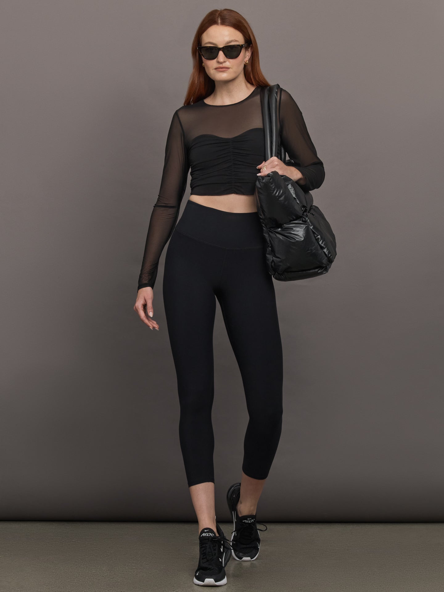Ruched Mesh Long Sleeve Top in Melt | Black