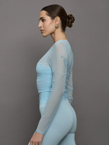 Ruched Mesh Long Sleeve Top in Melt | Sky Blue