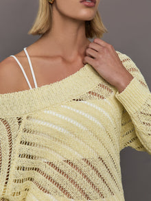 Model wears a yellow off shoulder mesh cardigan with diagonal pattern. 