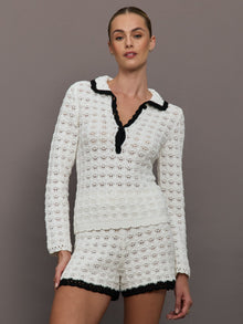 Crochet Long Sleeve Polo Top | Ivory