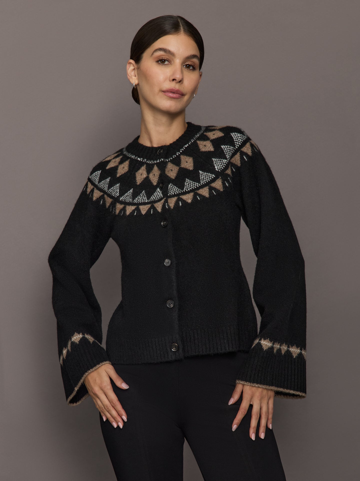 Fairisle Bell Sleeve Sweater Cardigan | Black/Taupe/Cream