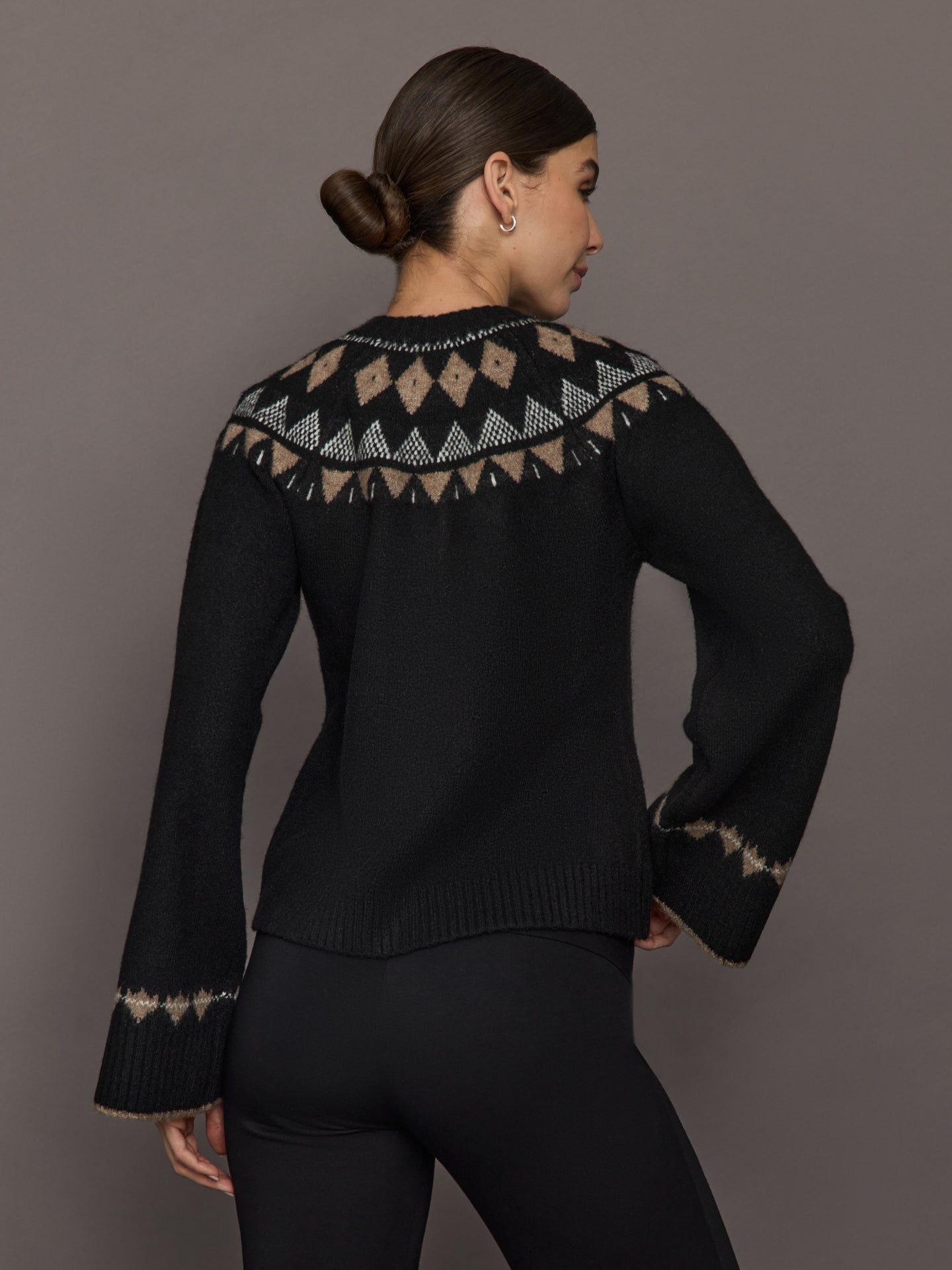 Fairisle Bell Sleeve Sweater Cardigan | Black/Taupe/Cream