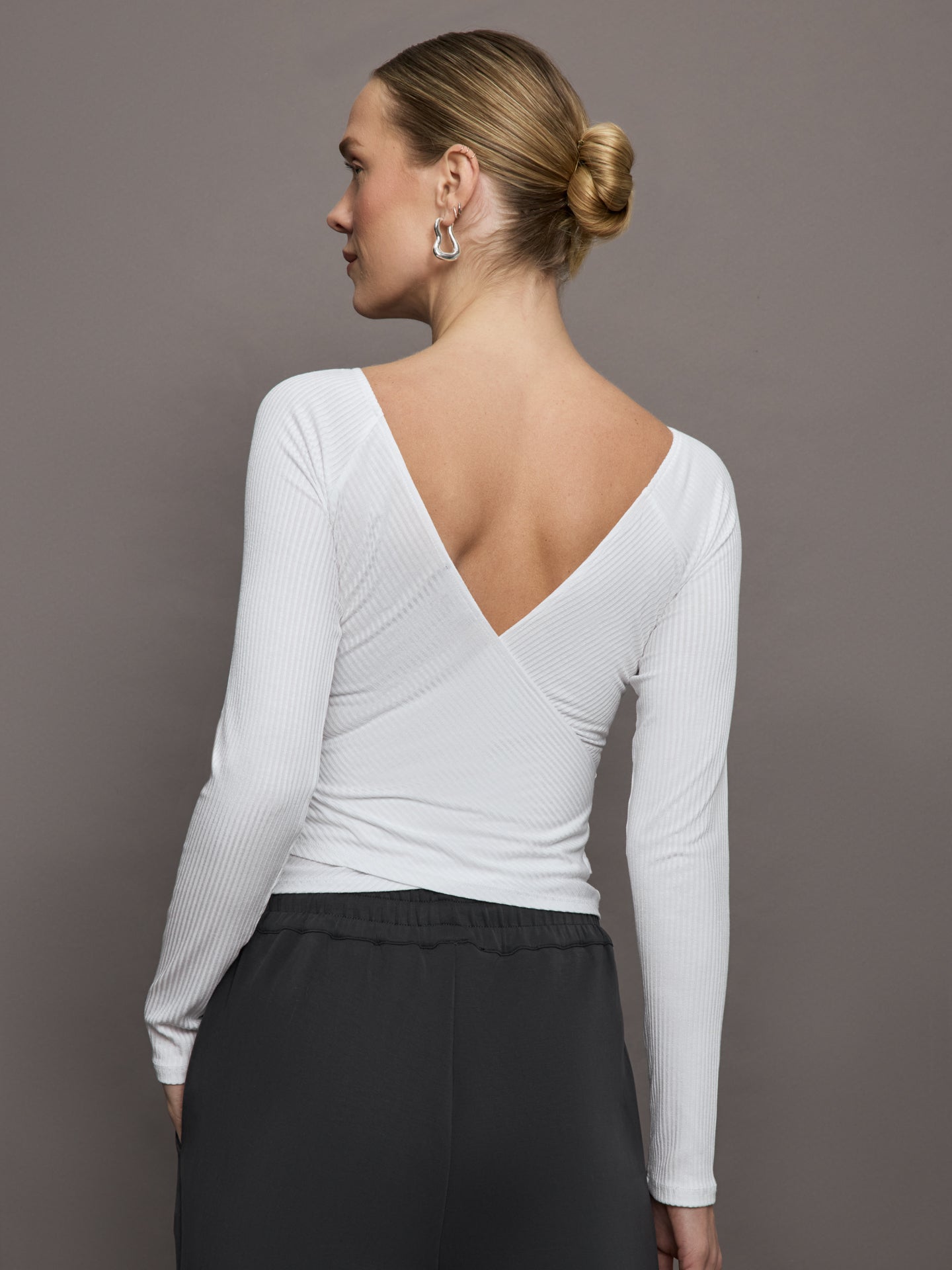 Long Sleeve Wrap Top in Ribbed Jersey | White