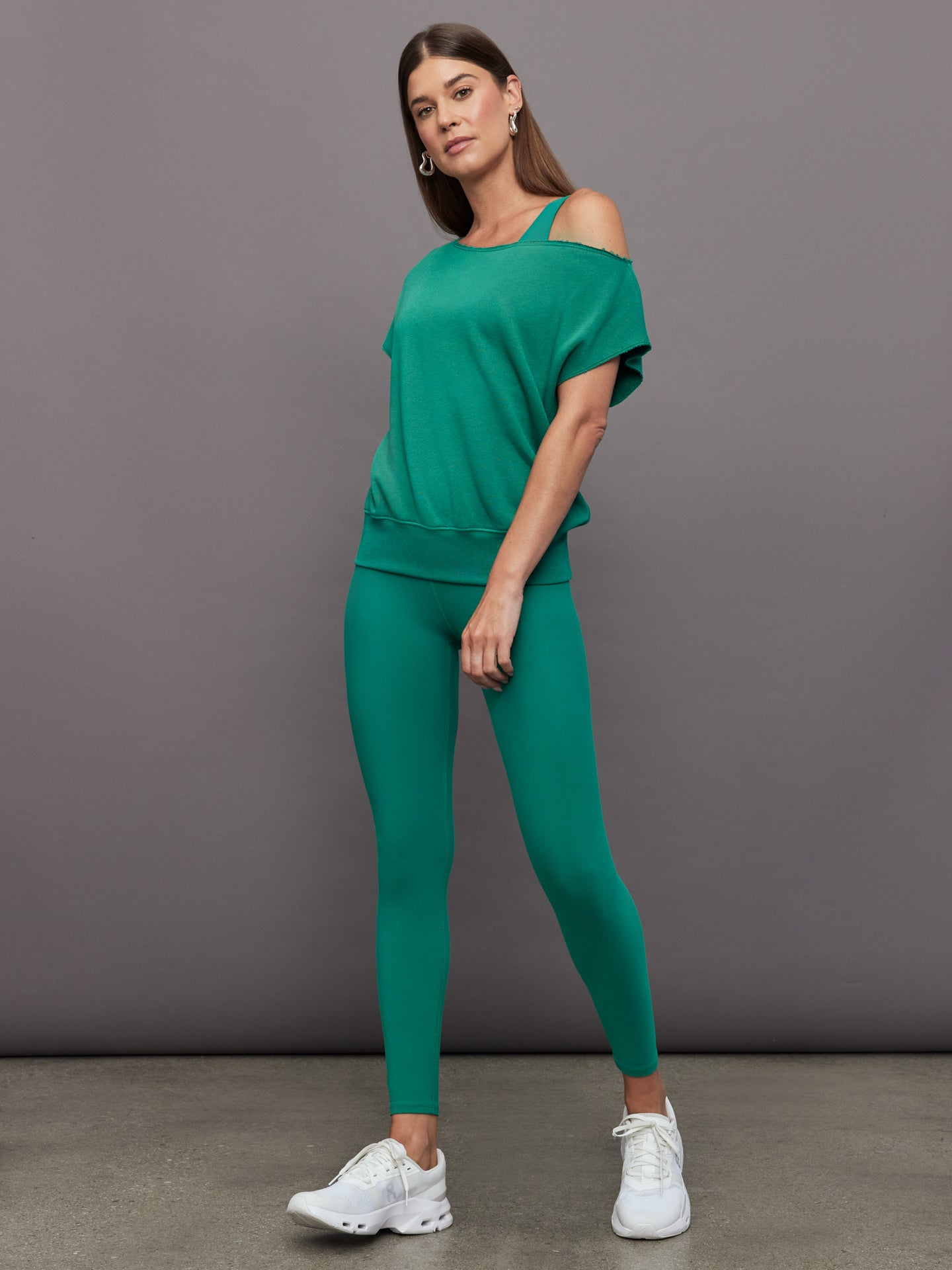 Short Sleeve Off Shoulder Sweatshirt in French Terry | Malachite