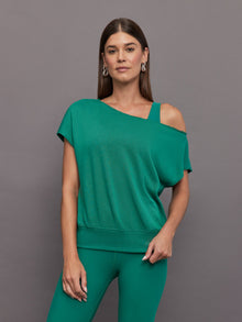Carbon38 | Short Sleeve Off Shoulder Sweatshirt in French Terry | Malachite