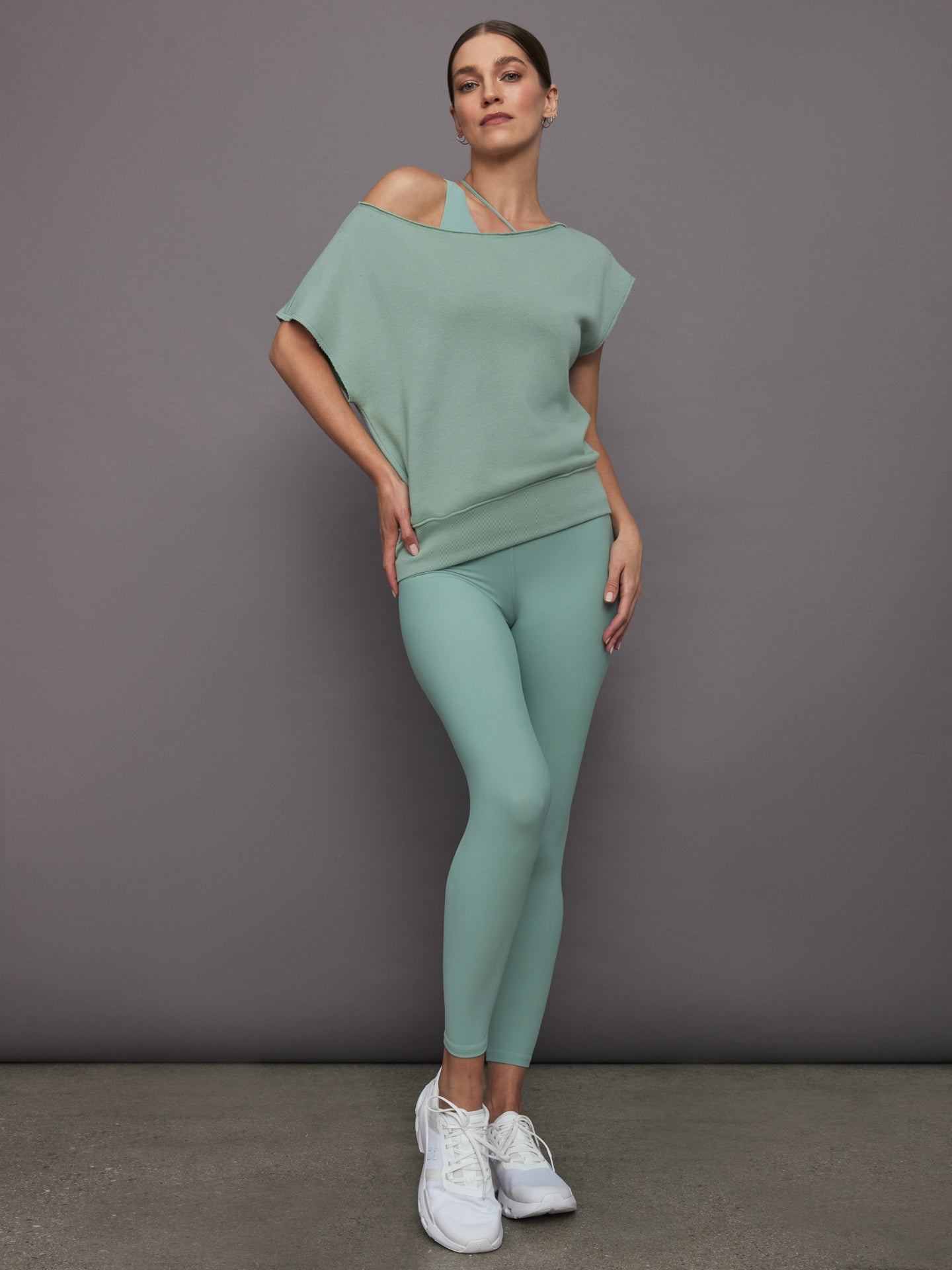 Short Sleeve Off Shoulder Sweatshirt in French Terry | Granite Green
