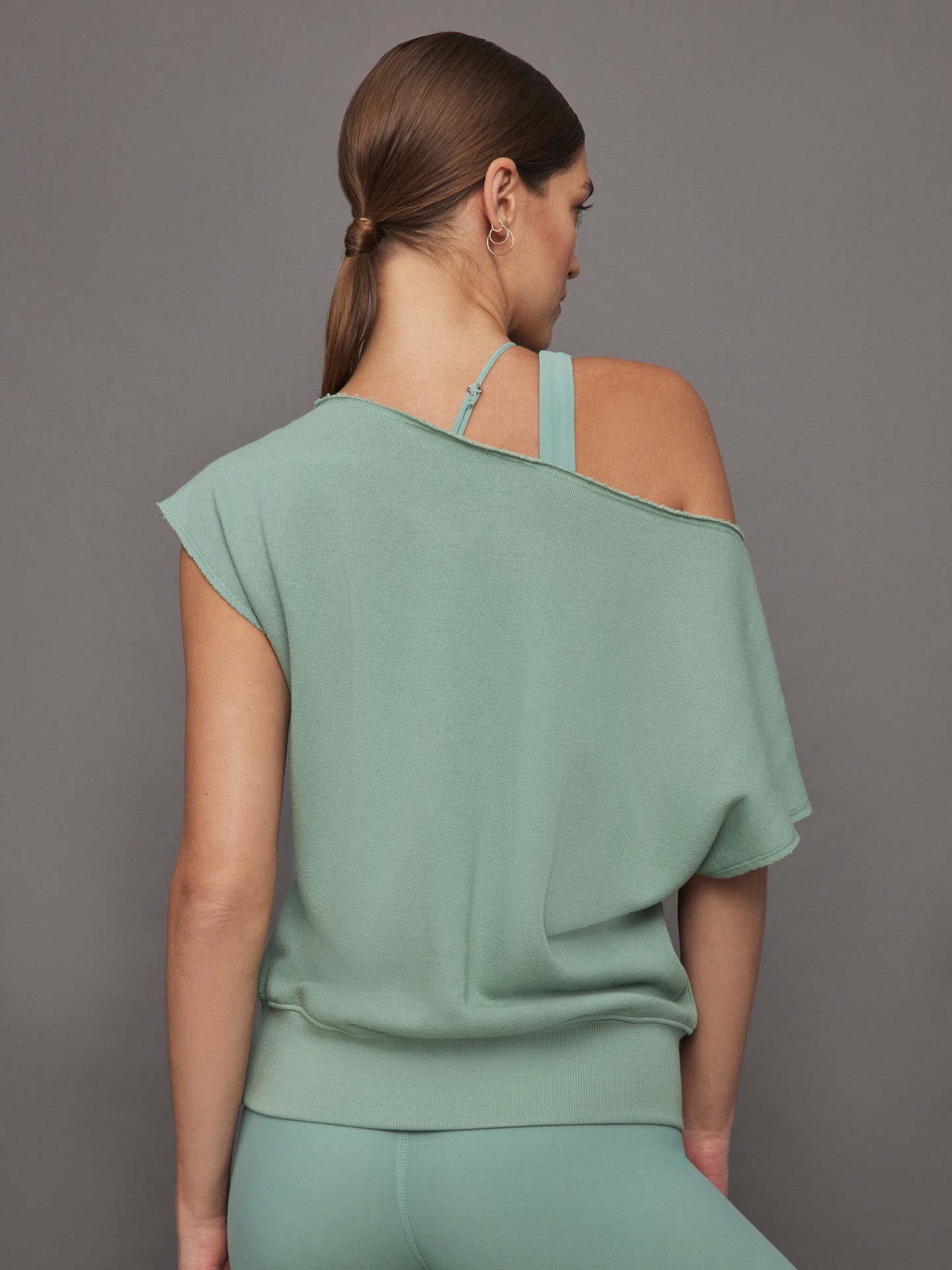 Carbon38 | Short Sleeve Off Shoulder Sweatshirt in French Terry | Granite Green