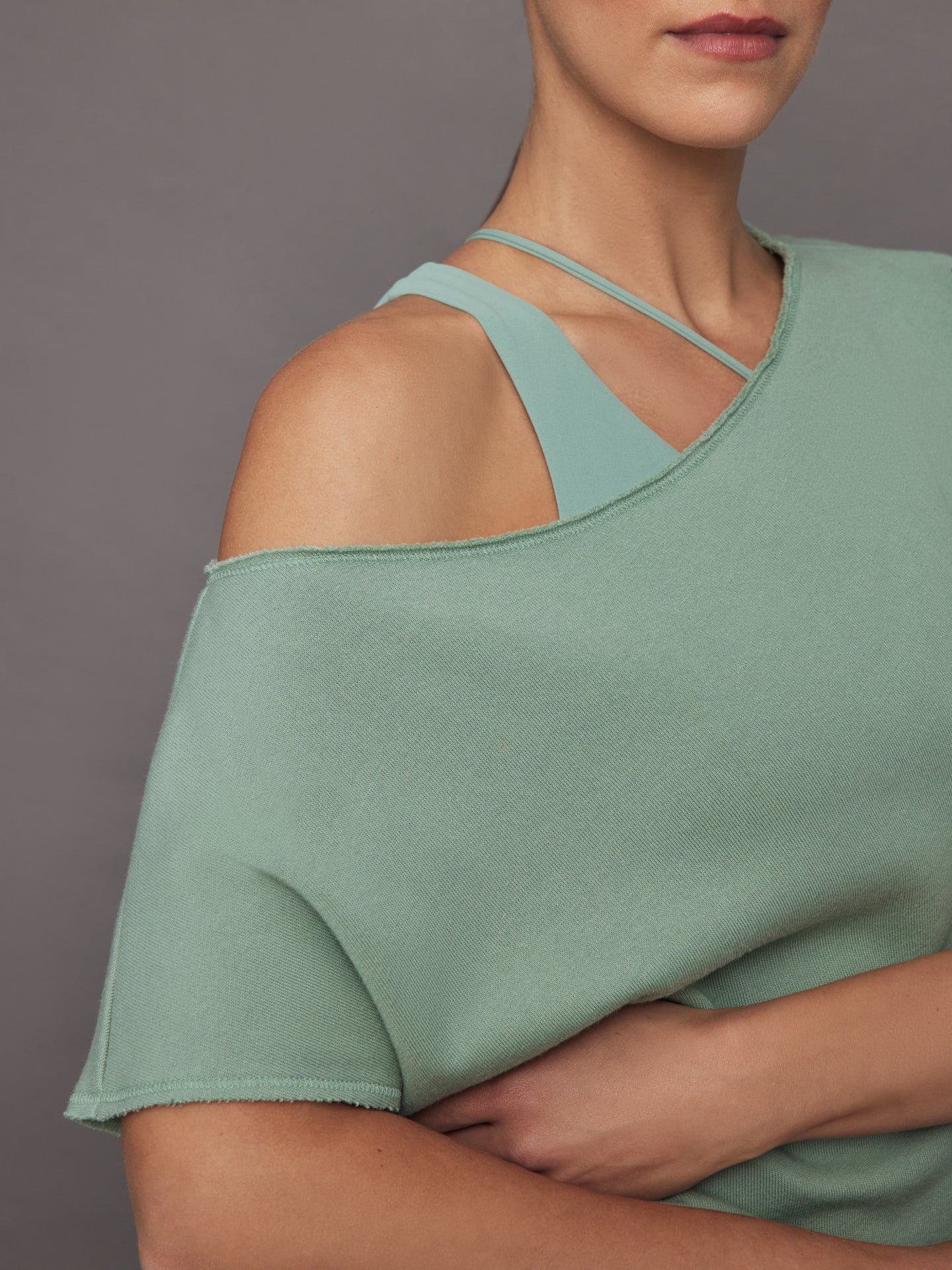 Carbon38 | Short Sleeve Off Shoulder Sweatshirt in French Terry | Granite Green