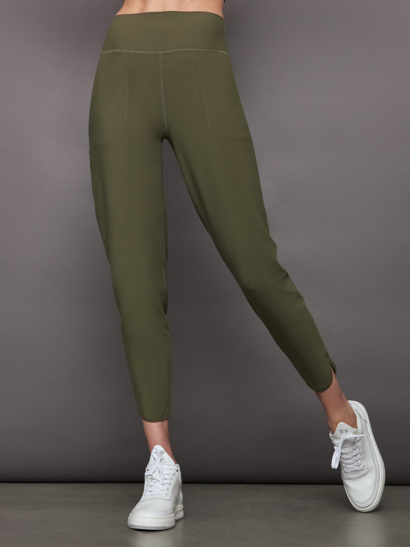 Melt cropped jogger with tulip hem in olive, front view.