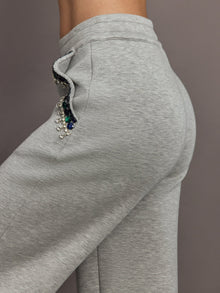 Jewel Embellished Wide Leg Pant in Scuba | Heather Grey