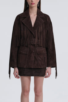 Model is wearing Nour Hammour Cassidy Oversized Suede Fringe Jacket Mocha - Front