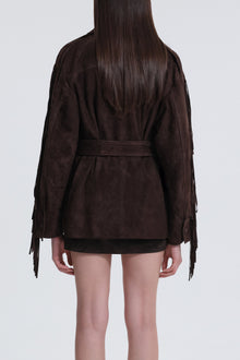 Model is wearing Nour Hammour Cassidy Oversized Suede Fringe Jacket Mocha - Back