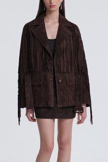 Model is wearing Nour Hammour Cassidy Oversized Suede Fringe Jacket Mocha - Front Open