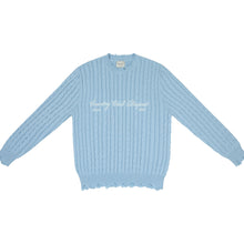 Country Club Dropout Distressed Cable Knit Sweater | Baby-Blue