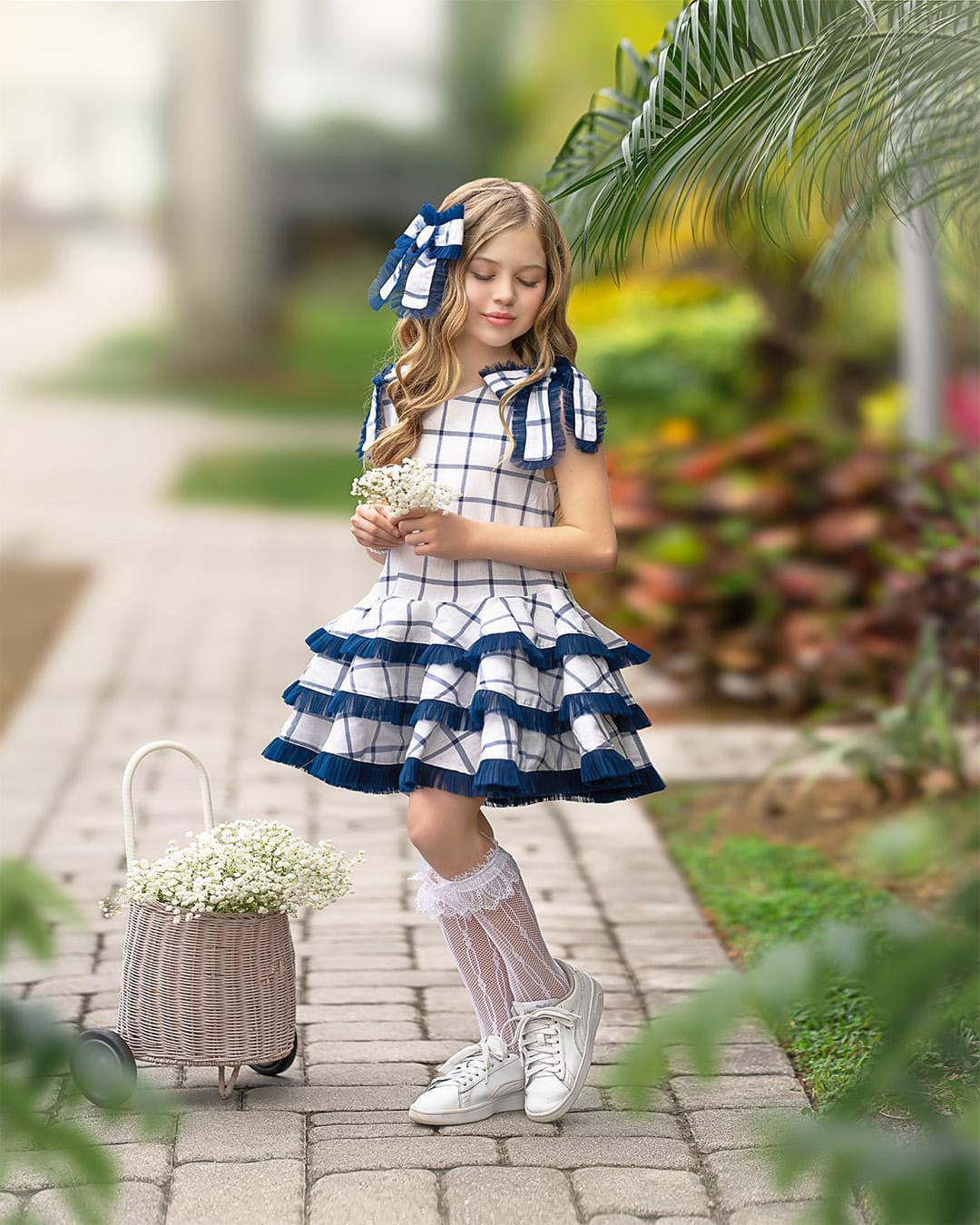 Baby Girls | Checkered Linen Tulle Dress | White x Blue