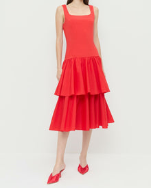Celestina Dress in red taffeta and Inez Red Satin Mid-Heel Mule.