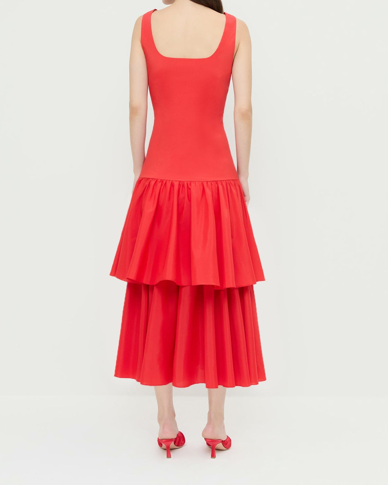 Celestina Dress in red taffeta and Inez Red Satin Mid-Heel Mule.