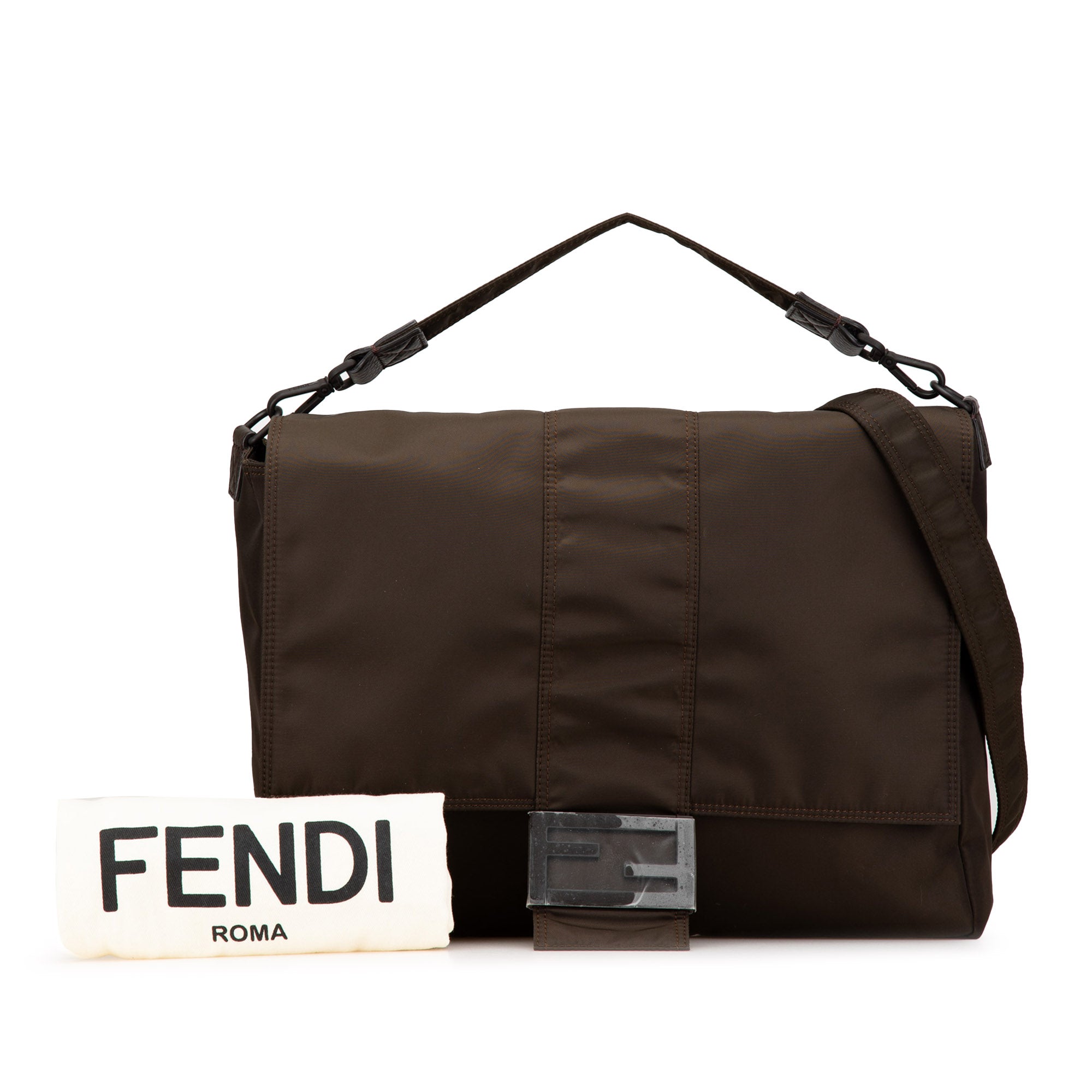 Fendi | Pre-Owned Large Econyl Nylon Baguette Satchel | Brown/Dark Brown