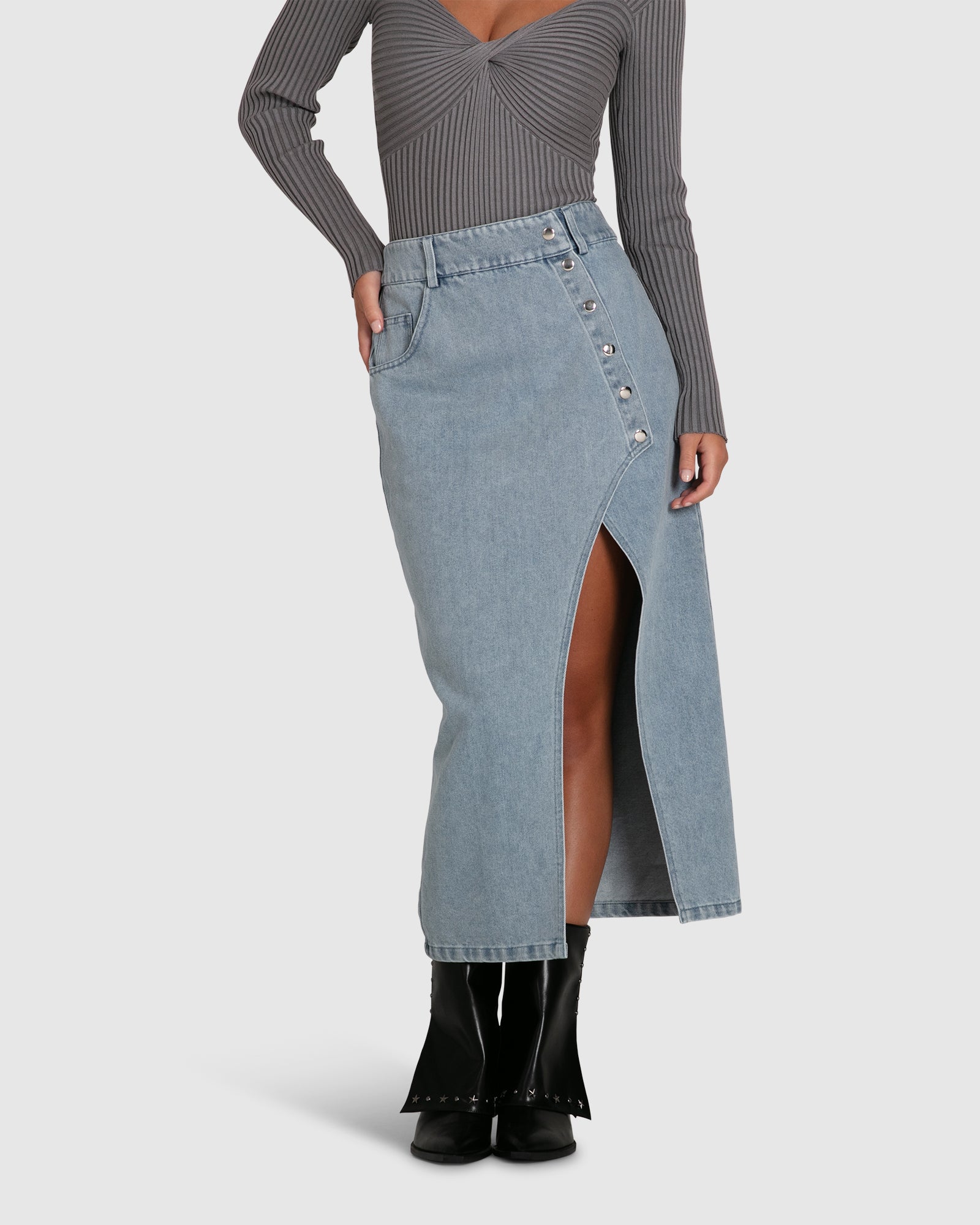 Women | Can't Forget You Denim Midi Skirt | Stonewash