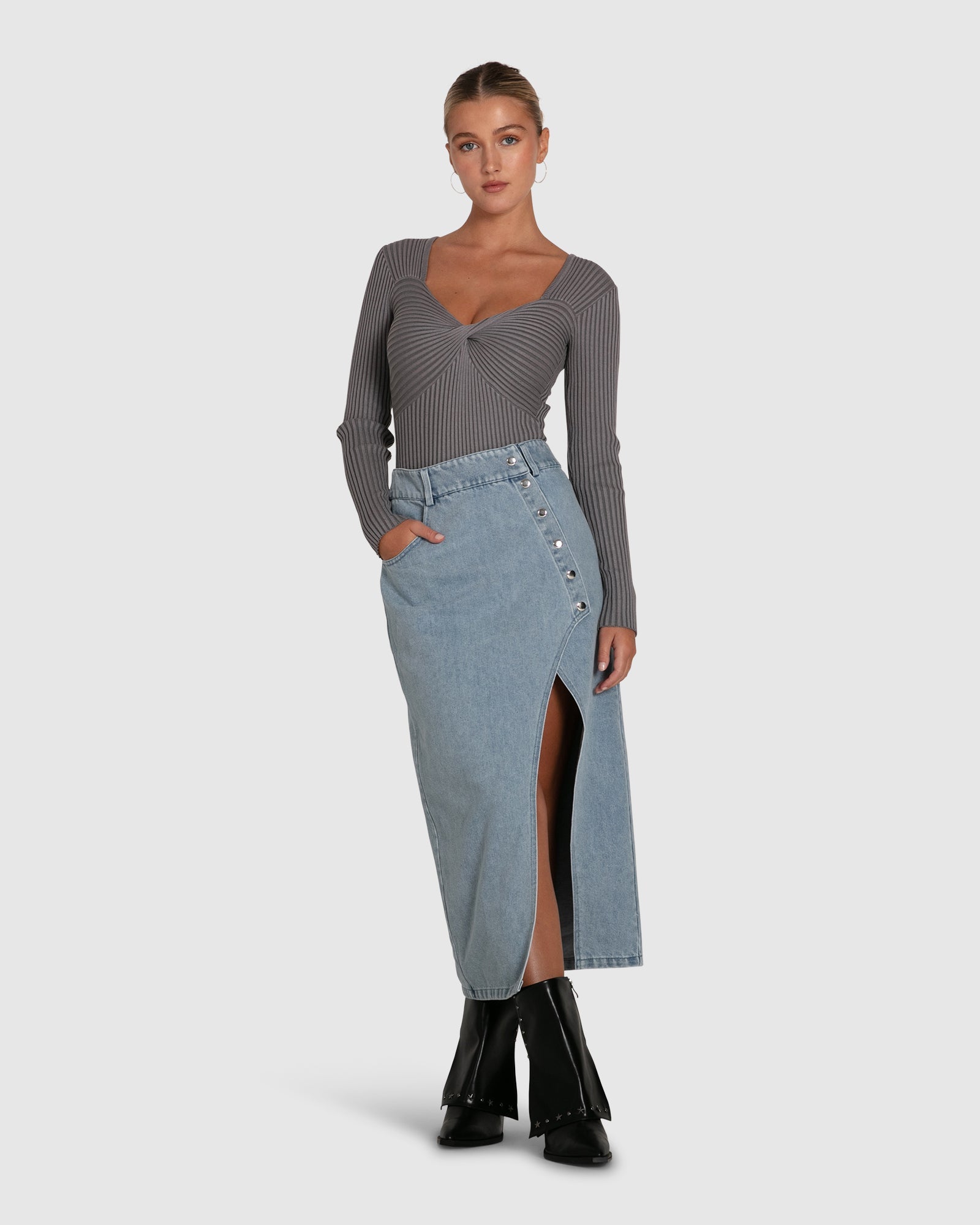 Women | Can't Forget You Denim Midi Skirt | Stonewash