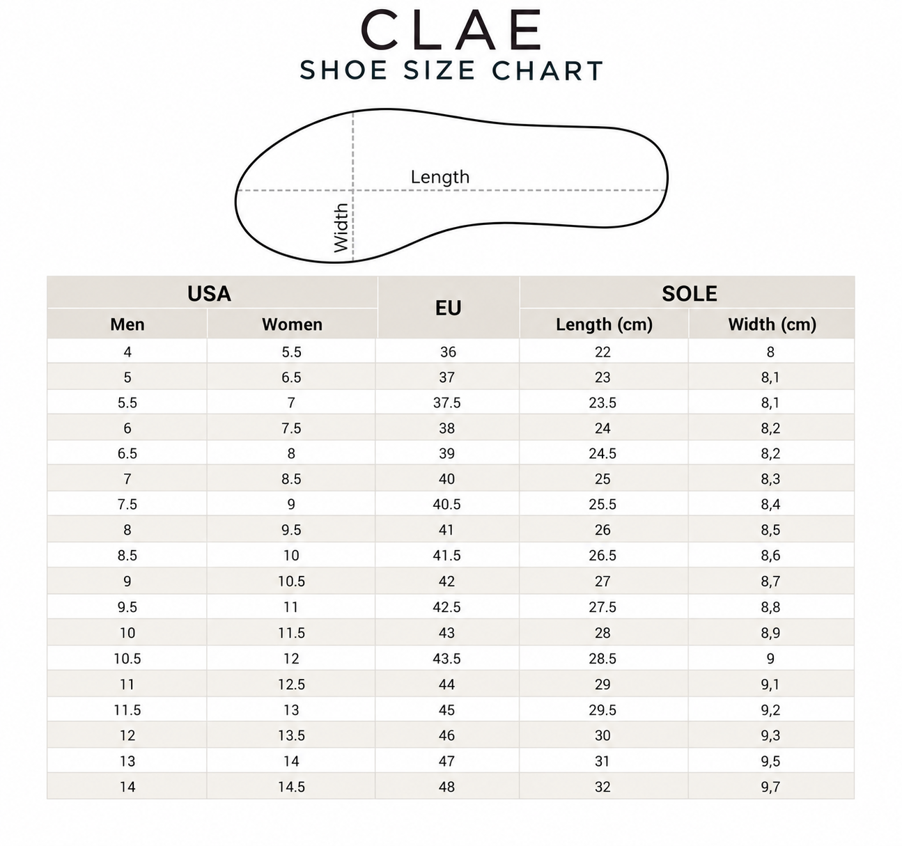 Product size guide