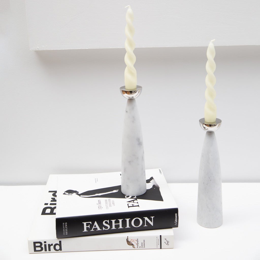 Coluna Candle Holders | Silver-Plated Stainless Steel | Italian Carrara Marble | Set of 2