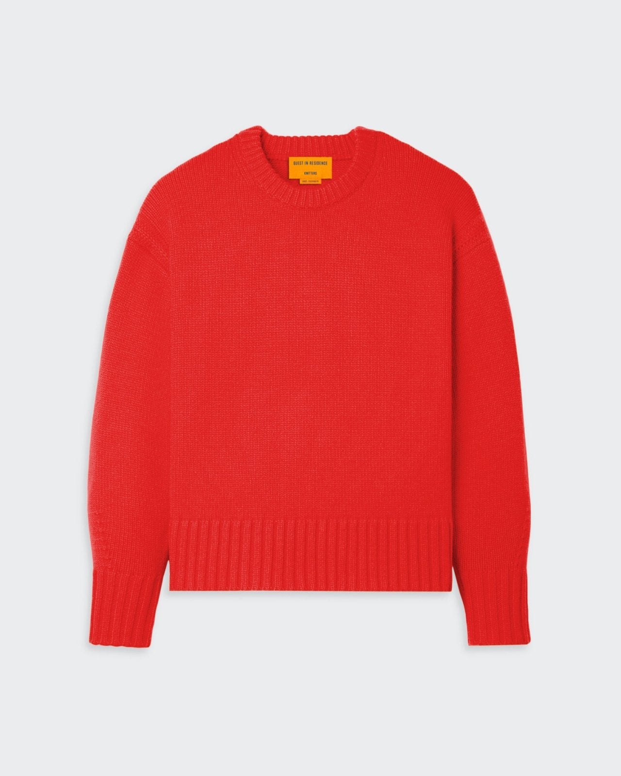Cozy Crew - Cherry red oversized cashmere crew neck sweater with ribbed trims and dropped shoulder design.
