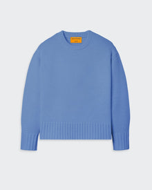 Cozy Crew - French Blue oversized heavy-weight crew neck cashmere sweater with ribbed trims and dropped shoulders.