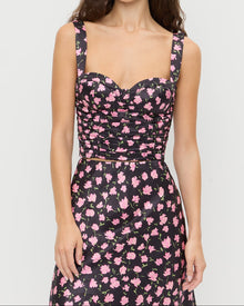Cresta Top in black rosette textured fabric and Mandy Skirt in black rosette textured fabric.