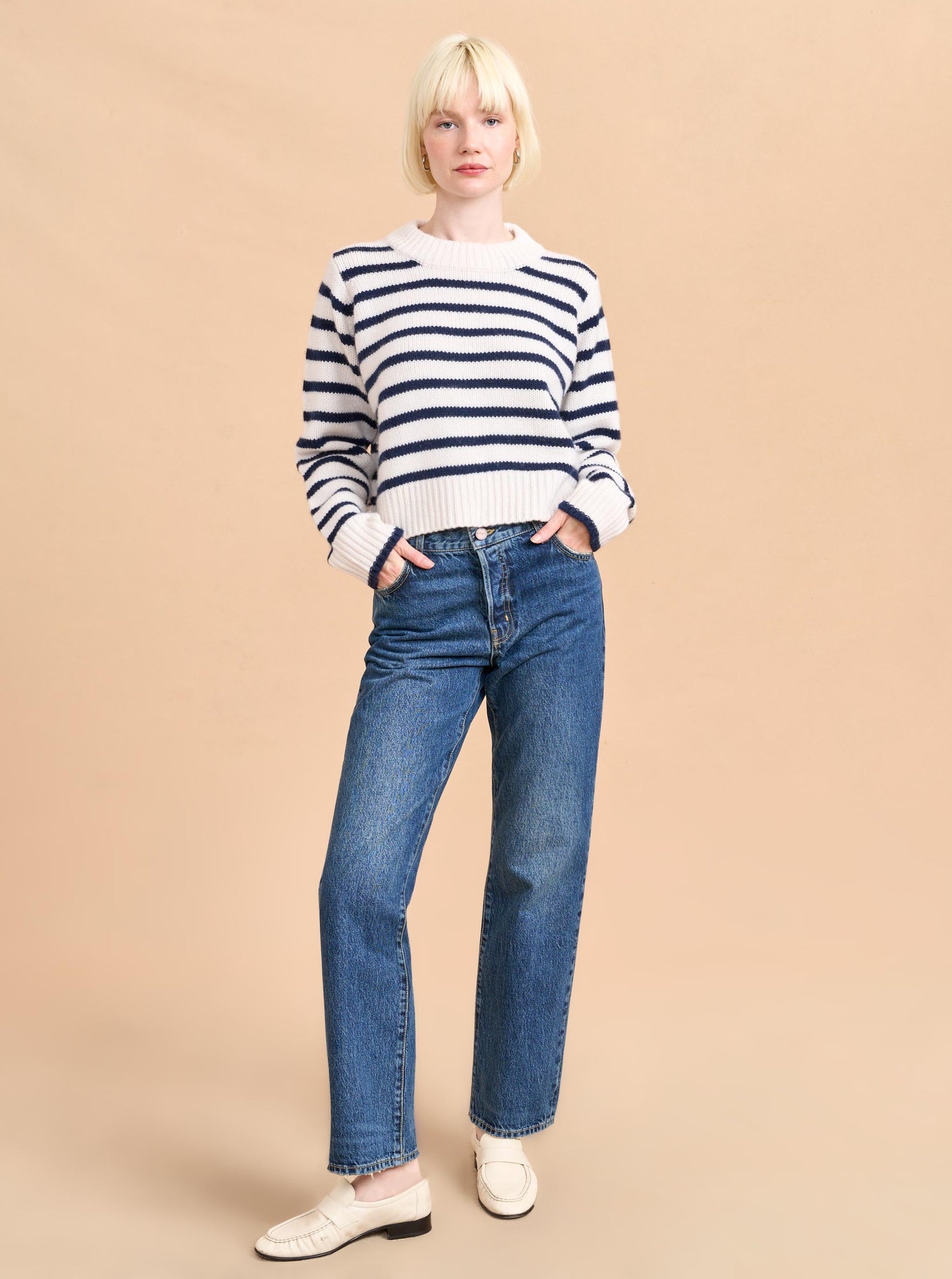 Cropped Marin Sweater | Cream x Navy