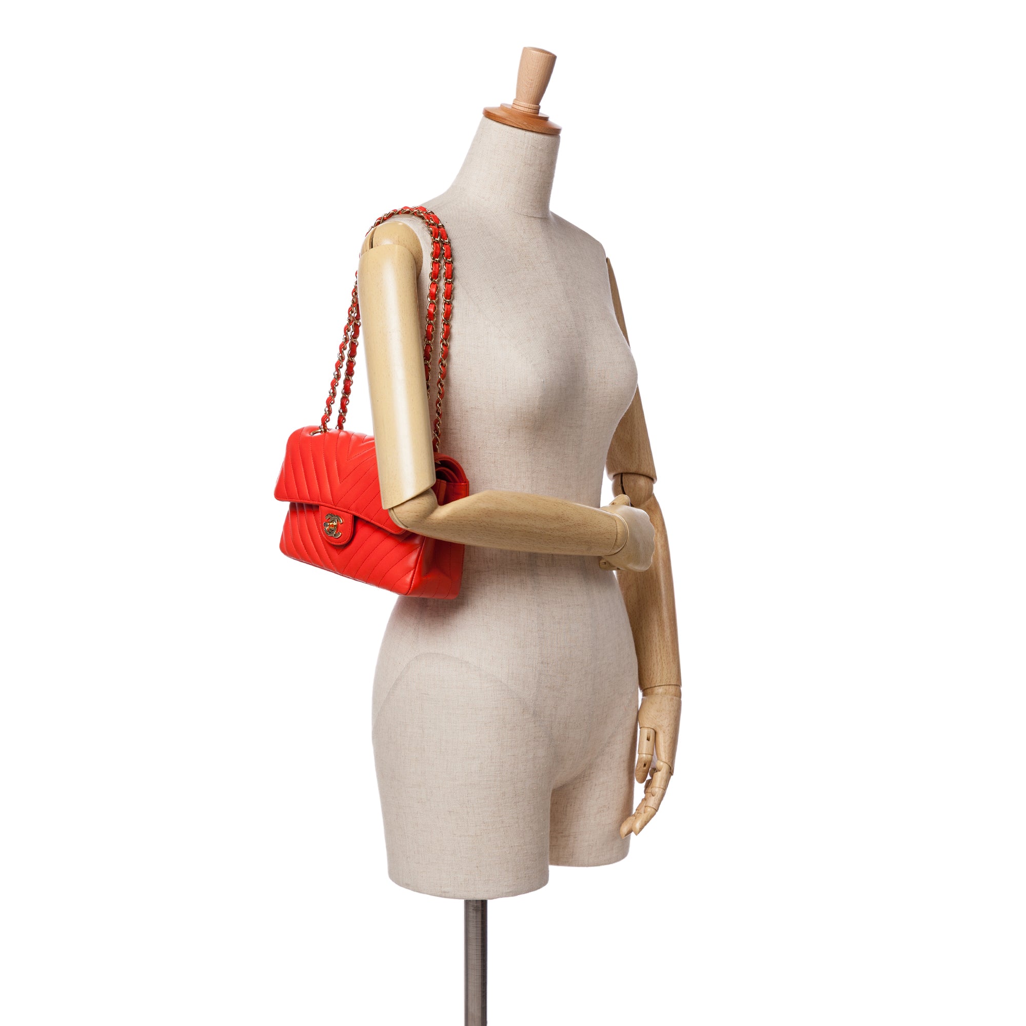 Chanel | Pre-Owned Small Classic Chevron Lambskin Double Flap | Orange/Dark Orange