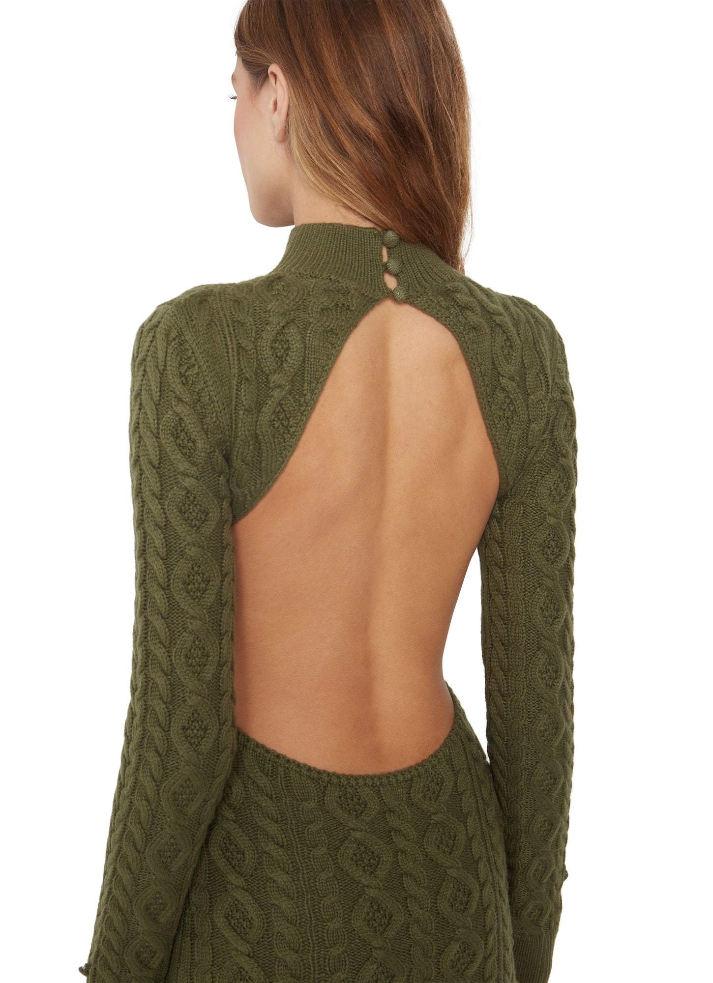 Womens | Cable Knit Backless Turtleneck Dress | Forest Green