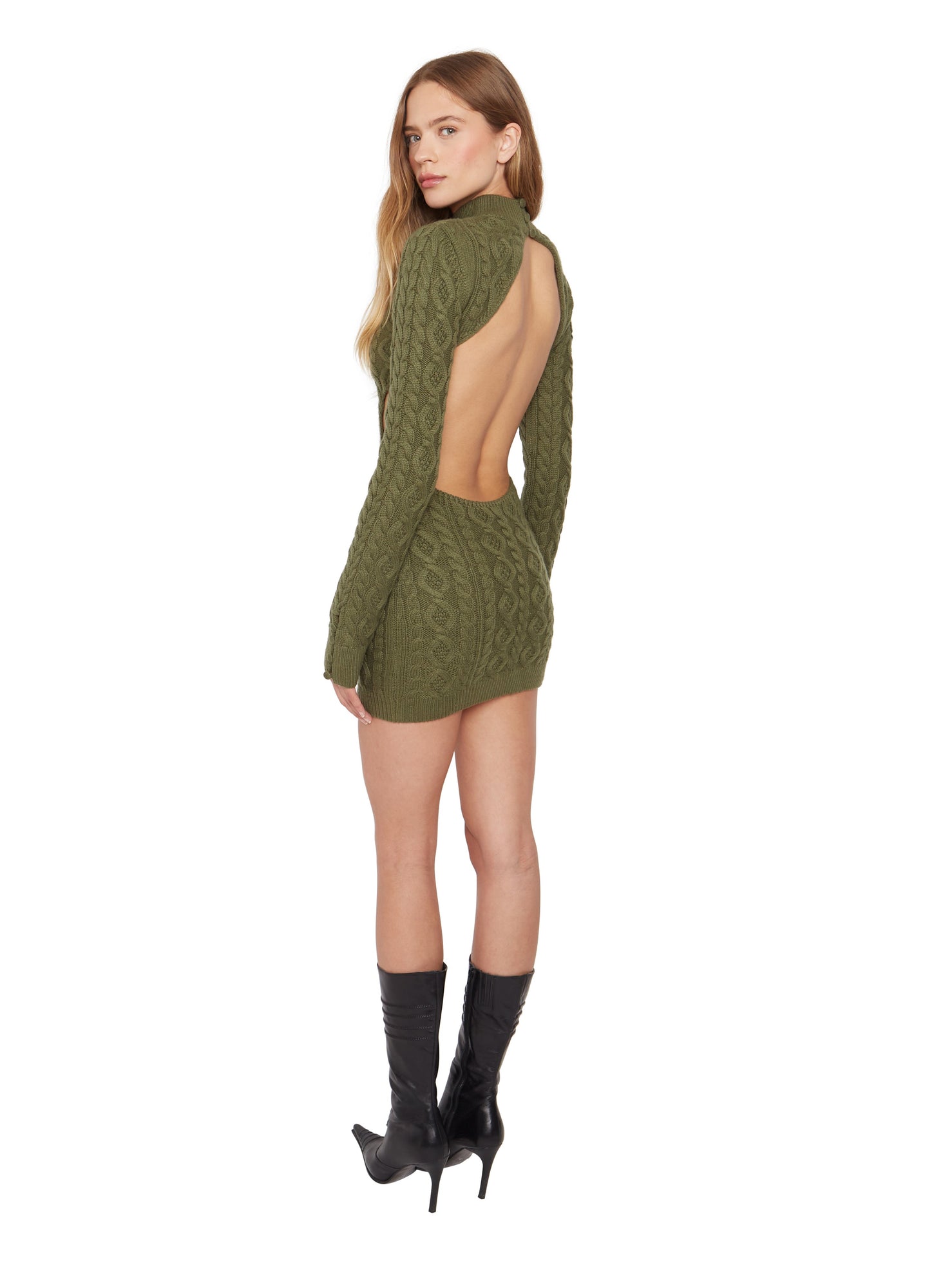 Womens | Cable Knit Backless Turtleneck Dress | Forest Green