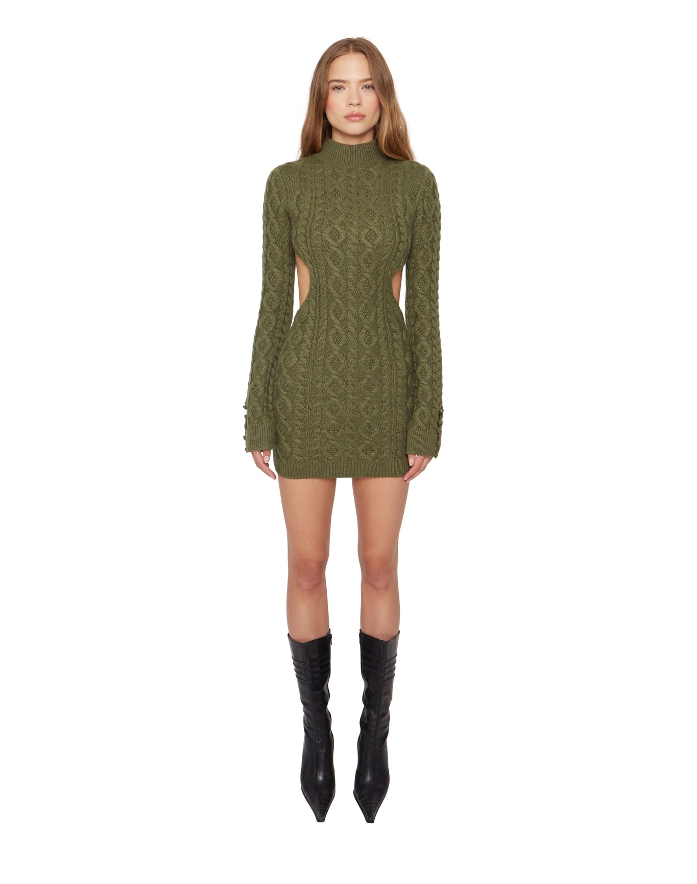 Cable Knit Backless Turtleneck Dress | Forest Green