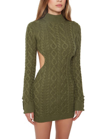 Cable Knit Backless Turtleneck Dress | Forest Green